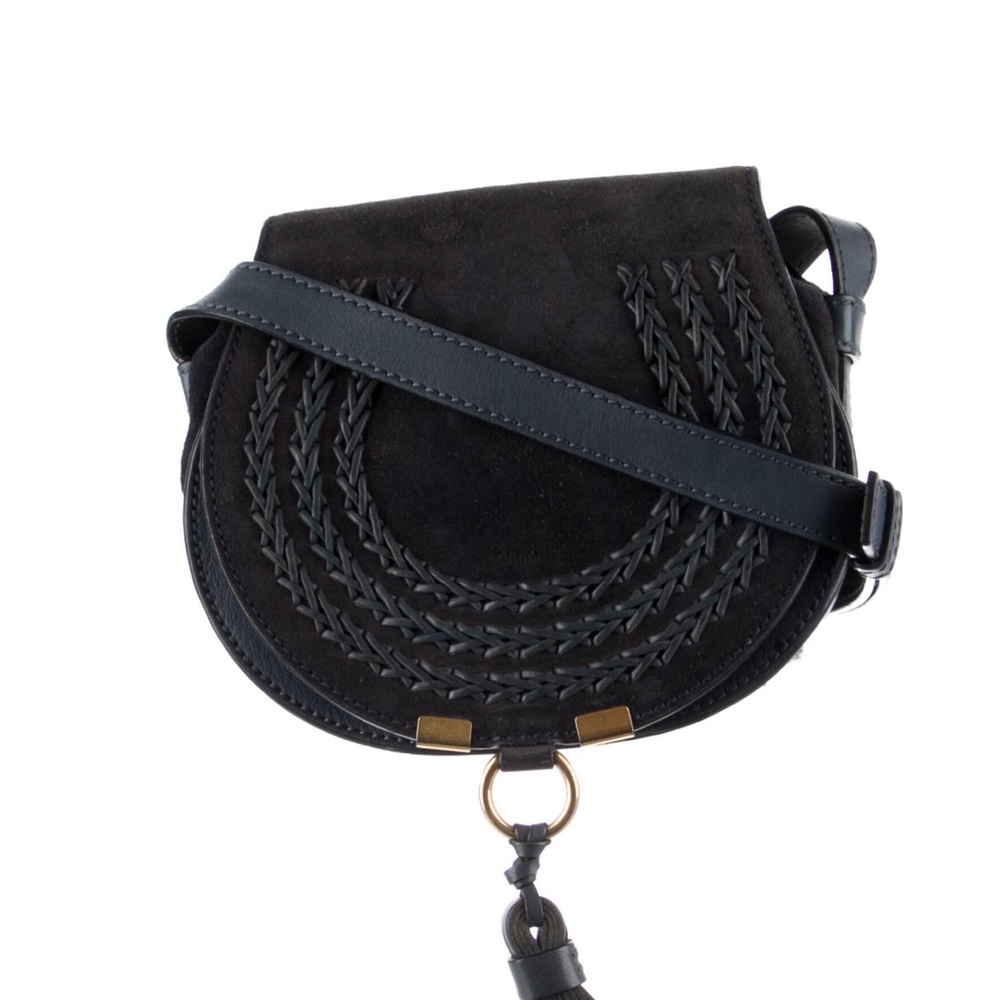Chloe Marcie Crossbody Saddle Bag Midnight Blue Suede with tassel. - Picture 7 of 12
